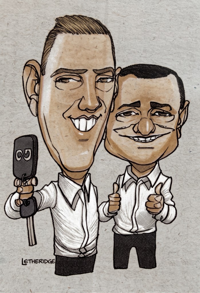 Caricature of co-founders Glenn Harwood and Jaron Crossland